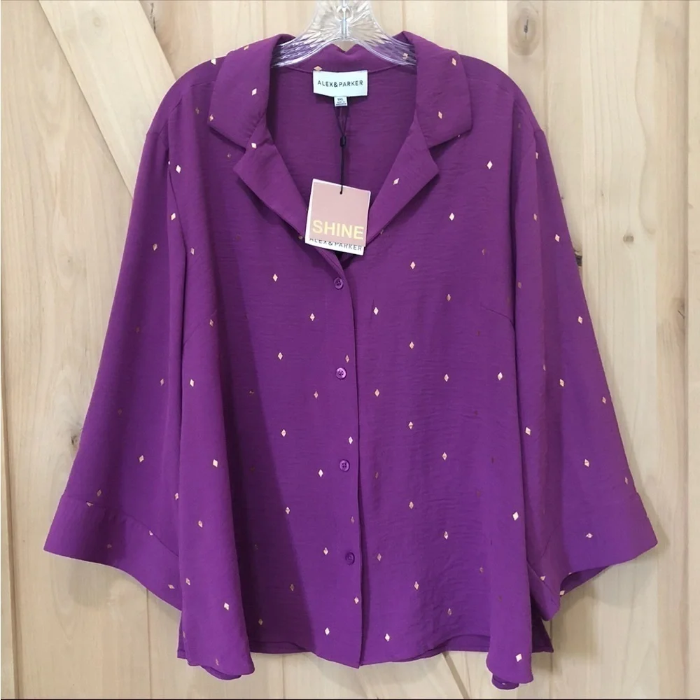 Alex & Parker Women’s Flowy Button Front Swing Top 1XL Purple Gold Accents NWT - Picture 4 of 12